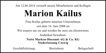 Traueranzeige von Marion Kailus von Mitteldeutsche Zeitung Halle/Saalkreis