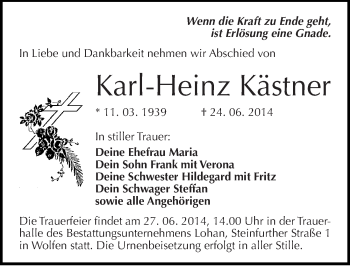 Traueranzeige von Karl-Heinz Kästner von Mitteldeutsche Zeitung Bitterfeld