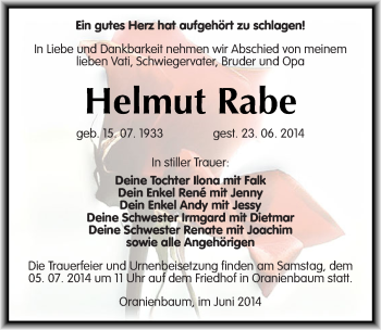 Traueranzeige von Helmut Rabe von Mitteldeutsche Zeitung Wittenberg