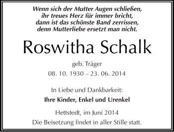 Traueranzeige von Roswitha Schalk von Mitteldeutsche Zeitung Mansfelder Land