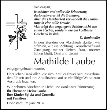 Traueranzeige von Mathilde Laube von Mitteldeutsche Zeitung Halle/Saalkreis