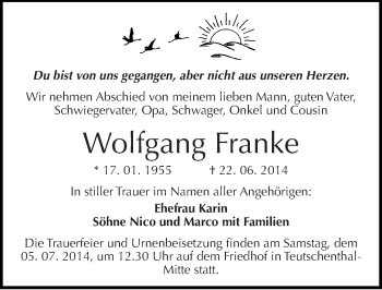 Traueranzeige von Wolfgang Franke von Mitteldeutsche Zeitung Halle/Saalkreis