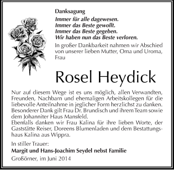 Traueranzeige von Rosel Heydick von Mitteldeutsche Zeitung Mansfelder Land