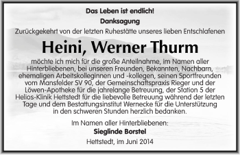 Traueranzeige von Heini Werner Thurm von Mitteldeutsche Zeitung Mansfelder Land