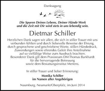 Traueranzeige von Dietmar Schiller von Mitteldeutsche Zeitung Naumburg/Nebra