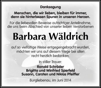Traueranzeige von Barbara Wäldrich von Mitteldeutsche Zeitung Merseburg/Querfurt