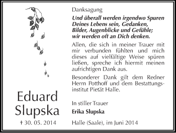 Traueranzeige von Eduard Slupska von Mitteldeutsche Zeitung Halle/Saalkreis