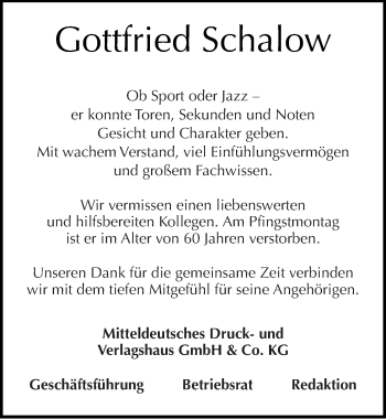 Traueranzeige von Gottfried Schalow von Mitteldeutsche Zeitung