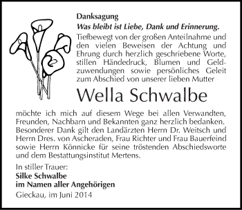 Traueranzeige von Wella Schwalbe von Mitteldeutsche Zeitung Naumburg/Nebra