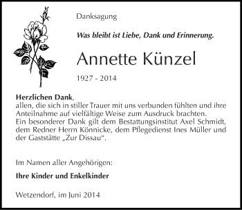 Traueranzeige von Annette Künzel von Mitteldeutsche Zeitung Naumburg/Nebra