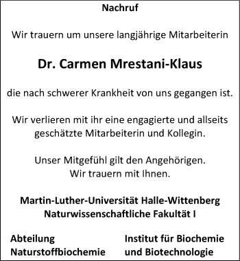 Traueranzeige von Carmen Mrestrani-Klaus von Mitteldeutsche Zeitung Halle/Saalkreis