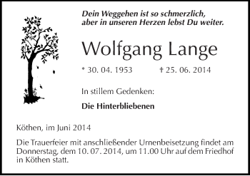 Traueranzeige von Wolfgang Lange von Mitteldeutsche Zeitung Köthen