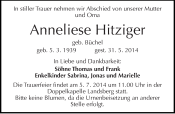 Traueranzeige von Anneliese Hitziger von Mitteldeutsche Zeitung Halle/Saalkreis
