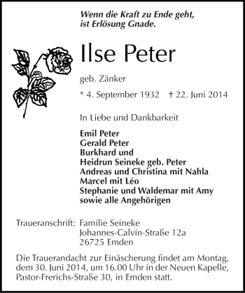 Traueranzeige von Ilse Peter von Mitteldeutsche Zeitung Dessau-Roßlau