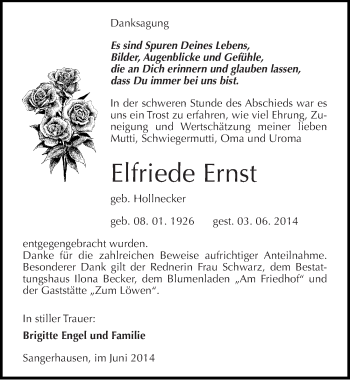 Traueranzeige von Elfriede Ernst von Mitteldeutsche Zeitung Sangerhausen