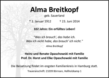 Traueranzeige von Alma Breitkopf von Mitteldeutsche Zeitung Bernburg