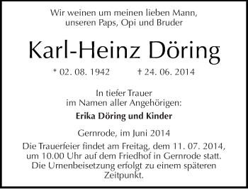 Traueranzeige von Karl-Heinz Döring von Mitteldeutsche Zeitung Quedlinburg