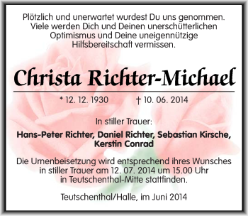 Traueranzeige von Christa Richter-Michaet von Mitteldeutsche Zeitung Halle/Saalkreis