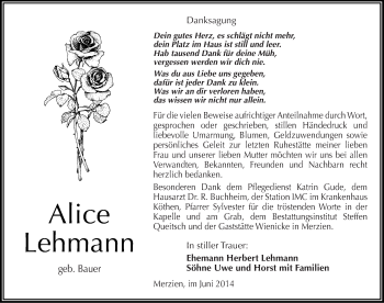 Traueranzeige von Alice Lehmann von Mitteldeutsche Zeitung Köthen