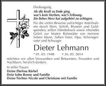 Traueranzeige von Dieter Lehmann von Mitteldeutsche Zeitung Halle/Saalkreis