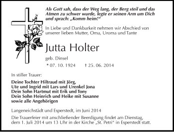 Traueranzeige von Jutta Holter von Mitteldeutsche Zeitung Merseburg/Querfurt