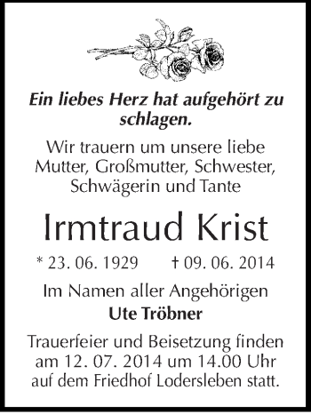 Traueranzeige von Irmtraud Krist von Mitteldeutsche Zeitung Merseburg/Querfurt