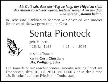 Traueranzeige von Senta Pionteck von Mitteldeutsche Zeitung Halle/Saalkreis