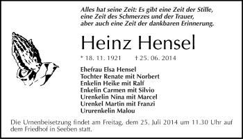 Traueranzeige von Heinz Hensel von Mitteldeutsche Zeitung Halle/Saalkreis