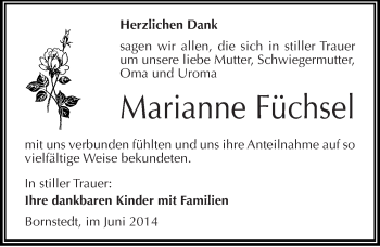 Traueranzeige von Marianne Füchsel von Mitteldeutsche Zeitung Mansfelder Land
