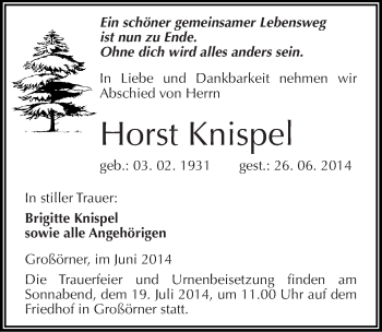 Traueranzeige von Horst Knispel von Mitteldeutsche Zeitung Mansfelder Land