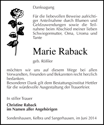 Traueranzeige von Marie Raback von Mitteldeutsche Zeitung Sangerhausen