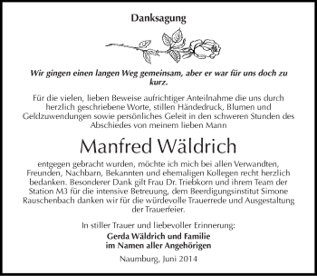 Traueranzeige von Manfred Wäldrich von Mitteldeutsche Zeitung Naumburg/Nebra