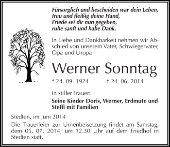 Traueranzeige von Werner Sonntag von Mitteldeutsche Zeitung Mansfelder Land