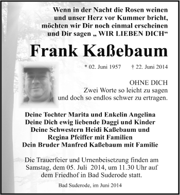 Traueranzeige von Frank Kaßebaum von Mitteldeutsche Zeitung Quedlinburg