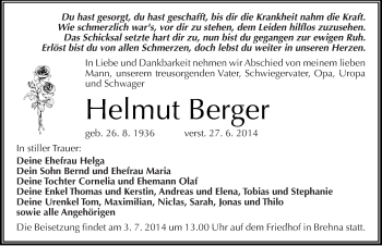 Traueranzeige von Helmut Berger von Mitteldeutsche Zeitung Bitterfeld
