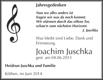 Traueranzeige von Joachim Juschka von WVG - Wochenspiegel Dessau / Köthen