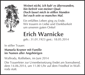 Traueranzeige von Erich Warnicke von WVG - Wochenspiegel NMB / WSF / ZTZ