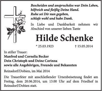 Traueranzeige von Hilde Schenke von WVG - Wochenspiegel Wittenberg