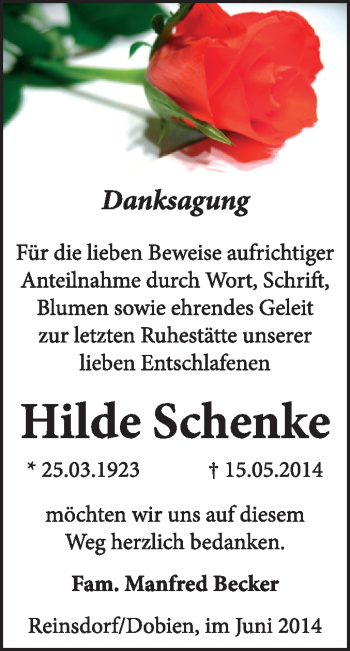 Traueranzeige von Hilde Schenke von WVG - Wochenspiegel Wittenberg