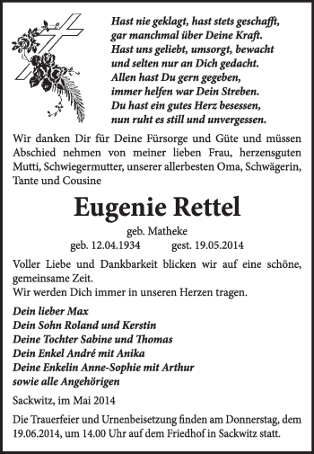 Traueranzeige von Eugenie Rettel von WVG - Wochenspiegel Wittenberg