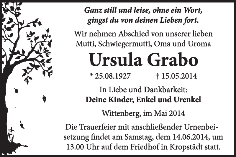 Traueranzeigen von Ursula Grabo www.abschiednehmen.de