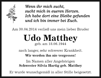 Traueranzeige von Udo Matthey von WVG - Wochenspiegel Dessau / Köthen