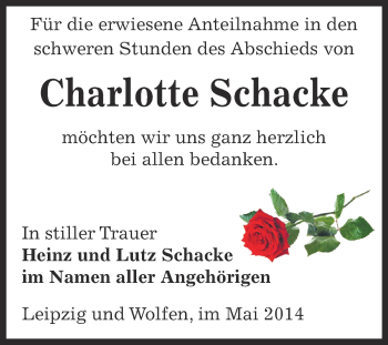 Traueranzeige von Charlotte Schacke von Super Sonntag Zeitz