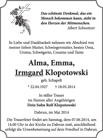 Traueranzeige von Irmgard Klopotowski von WVG - Wochenspiegel Wittenberg