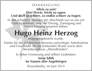 Traueranzeige von Hugo Heinz Herzog von WVG - Wochenspiegel Merseburg