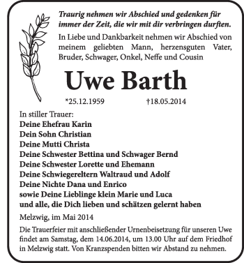 Traueranzeige von Uwe Barth von WVG - Wochenspiegel Wittenberg
