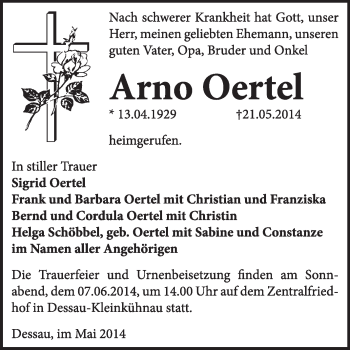 Traueranzeige von Arno Oertel von Super Sonntag Dessau / Köthen