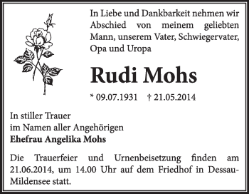 Traueranzeige von Rudi Mohs von Super Sonntag Dessau / Köthen