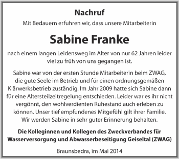 Traueranzeige von Sabine Franke von Super Sonntag Merseburg