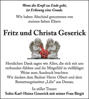 Traueranzeige von Fritz und Christa Geserick von Super Sonntag Dessau / Köthen